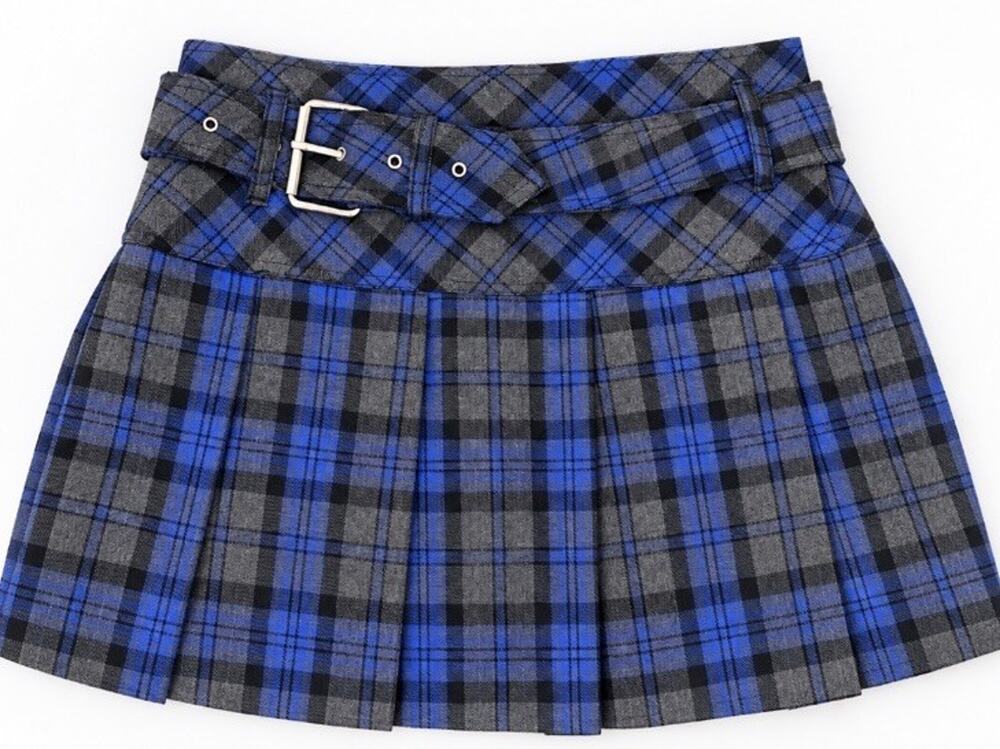 Primadonna Collection Plaid Pleated Micro Mini Skirt 7 Blue Gray Belted Y2K